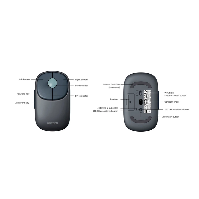 UGREEN FUN+ Wireless & Bluetooth Rechargeable Mouse - Blue - MU102 - Image 3